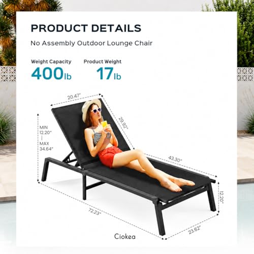 Patio Chaise Lounge Chair, Foldable Lounge Chair for Outside, Aluminum Chairs Set of 2 with 5 Adjustable Backrest, Outdoor Pool Lounger for Poolside, Lawn, Deck, Black - color: Black, size: 2 Packs