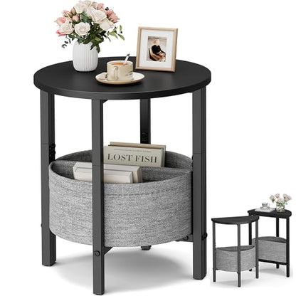 Small Round Side Table End Table, Tall Accent Table with Storage Basket, Set of 2 Half Round Tables Half Moon Tables, Coffee Bedside Tables, Modern Nightstand for Living Room Bedroom, Black - color: Black