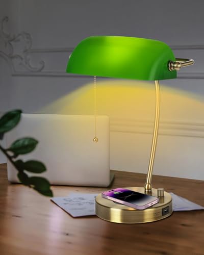 Stepless Dimmable Green Glass Bankers Desk Lamp,LED Bulb Included | Wireless Charger,USB Charging Port for Home Office Table Lamp Plug in Fixture - color: Green-Wireless Charging