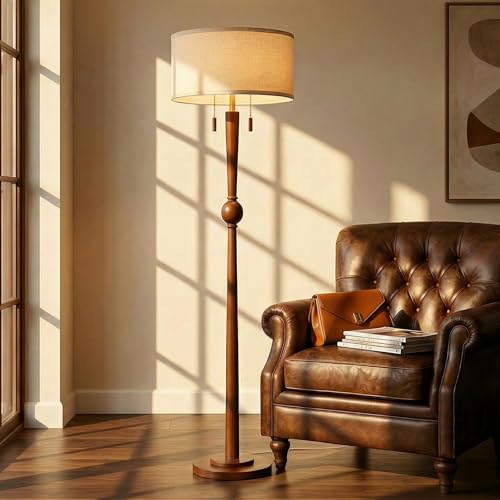 MOFFE Solid Wood Floor Lamp for Living Room with Wooden Pull Chains | 62.8" Tall,Sculptural Wood Base & Stem,17" Linen Drum Shade,2-Light Standing Lamp for Bedroom & Reading Corner,Bulbs Included - color: Amber Walnut