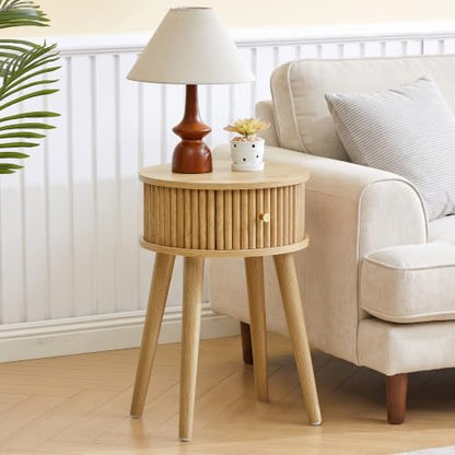 Round Fluted Side Table Set of 2, Small End Table with Fluted Drawer, Mid-Century Modern Wooden Bedside Table Round Nightstand Small Sofa Side Table for Living Room(Natural) - color: Natural, size: 15.7"D x 15.7"W x 23.6"H