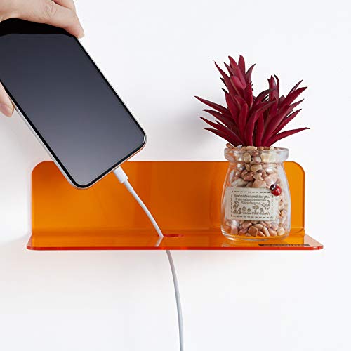 OAPRIRE Small Acrylic Floating Wall Shelves Set of 2, Flexible Use of Wall Space, 9 Inch Adhesive Display Shelf for Security Cameras/Smart Speaker/Action Figures, with Cable Clips - Clear Orange | Strong Tape Adhesive Wall Shelf, Easy Installation, Hole D
