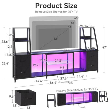 Casaottima LED TV Stand for 50–65 Inch TVs with Power Outlets & RGB Ligths, Gaming Entertainment Center with 4 Drawers & Storage, Media Console Supports Up to 75/85/95 Inch Wall-Mounted TVs, Black - size: 87 Inch