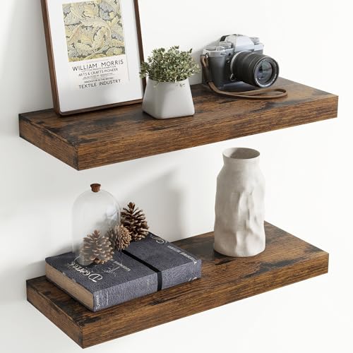 24 Inch Floating shelves for Wall, 8 Inch Deep, Invisible Brackets, Brown | Rustic Wall Mounted Shelf, Storage & Display, Wooden Shelves for Living Room, Kitchen, Bathroom and Home Decor, Set of 2 - color: Rustic Brown, size: 24 Inch, Set of 2