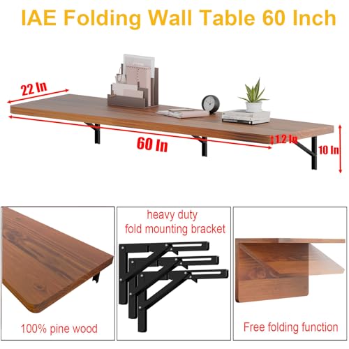IAE Floating Wall Mounted Folding Table Desk with Pine Wood,60x22in, Teak | Foldable Workbench,Fold Down Wall Mounted Foldable Desk with Shelf Brackets,Laundry Folding Table for Home,Dining,Kitchen - color: Teak, size: 60*22*10 Inch