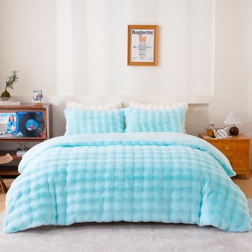 Fluffy Blue Duvet Cover Twin Set, Soft Shaggy Plush Rabbit Bedding Set 2 Pieces (1 Fuzzy Comforter Cover + 1 Faux Fur Pillow Cases) Zipper Closure（Blue, Twin） - color: Blue, size: Twin