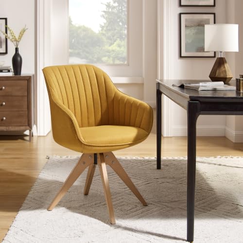 Swivel Desk Chair for Home Office, Fabric, Yellow | No Wheels, Beech Wood Legs, Mid Century Modern, Upholstered, 360° Swivel, Accent Chair, Living Room, Bedroom - color: Yellow/Beech Wood, size: Fabric