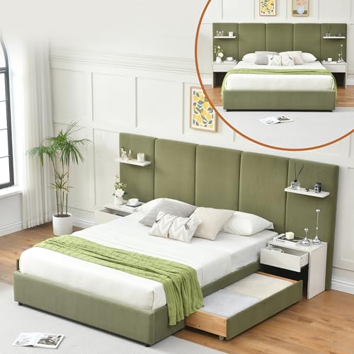 Queen Size Bed Frame with Storage & Built-in Nightstands & Drawers, Green | Velvet Upholstered Platform Bed Frame & 7 Floating Storage Shelves, Noise-Free, No Box Spring Needed, Easy Assembly - color: Green, size: Queen