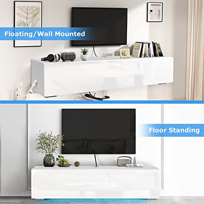 HOMMPA Floating TV Stand with LED for 65/60/55 inch TV, Modern High Gloss Wall Mounted Entertainment Center with Storage, Floor Mounted Media Console, White - color: White