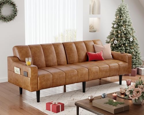 80'' Futon Sofa Bed, Faux Leather Sleeper Couch, Convertible Loveseat with Adjustable Sofa Backrest, Modern Couches for Living Room, Bed Room, Apartment, Office (Light Brown) - color: Faux Leather Light Brown