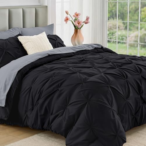 JOLLYVOGUE Twin Comforter Set 5 Pieces - Bed in a Bag Twin for All Season, Pintuck Bedding Comforter Sets with Comforter, Flat Sheet, Fitted Sheet and Pillowcases & Shams, Black & Light Grey - color: Black & Light Grey, size: Twin