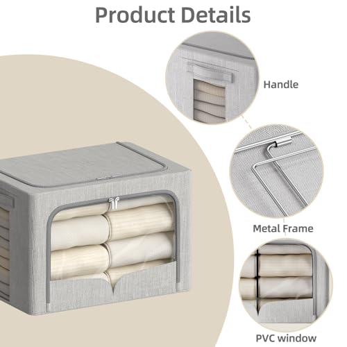 FHSQX 3 Pack Clothes Storage Bins, Light Gray, 16.5x12.2x12.2inch (40L) | Foldable Metal Frame, Stackable, Linen Fabric, Carrying Handles, Clear Window - color: Light Gray, size: 16.5x12.2x12.2inch(40L)