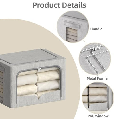FHSQX 3 Pack Clothes Storage Bins, Light Gray, 16.5x12.2x12.2inch (40L) | Foldable Metal Frame, Stackable, Linen Fabric, Carrying Handles, Clear Window - color: Light Gray, size: 16.5x12.2x12.2inch(40L)