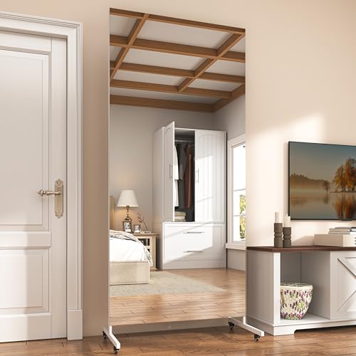 Hasipu 79" x 32" Full Length Floor Mirror on Wheels, White | Tempered glass, sturdy metal frame, smooth rolling casters, removable stand, ideal for gym, bedroom, dance studio - size: 78.7"L x 31.4"W