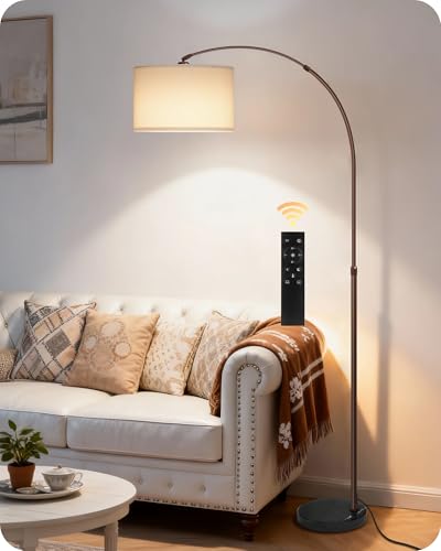 75" Arc Floor Lamp with Marble Base and Adjustable Height, Rotating Hanging Shade, Dimmable Floor Lamp for Living Room with Remote and Foot Switch, 3CCT, Over Couch Arched Light, White Brown VW15LD05 - color: Brown + White