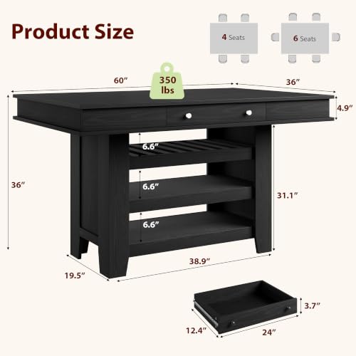 Counter Height Dining Table with Storage, Retro Black | 60" wide top seats 4-6 with deep wine rack, 2 drawers and 3 shelves for family dining, entertaining and apartment kitchens - color: Retro Black