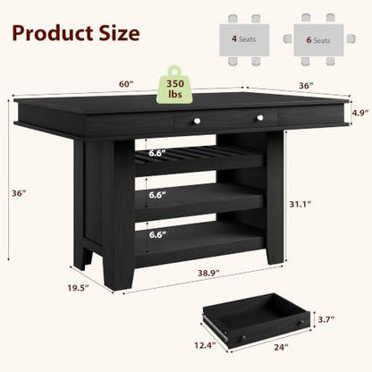Counter Height Dining Table with Storage, Retro Black | 60" wide top seats 4-6 with deep wine rack, 2 drawers and 3 shelves for family dining, entertaining and apartment kitchens - color: Retro Black