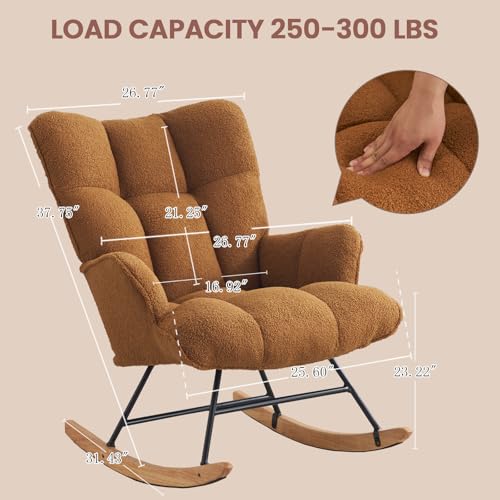 Rocking Chair Nursery Teddy Upholstered Glider Rocker Rocking Accent Chair Padded Seat with High Backrest Armchair Comfy Side Chair for Living Room Bedroom Offices (Brown Teddy) - color: Brown