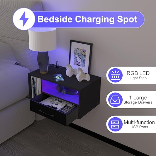 Floating Nightstand with Charging Station & Lights, Black | Floating Bedside Table with Drawers Wall Mounted Nightstands,for Bedroom Room, 21.3" x 11.8" x 10" - color: Black