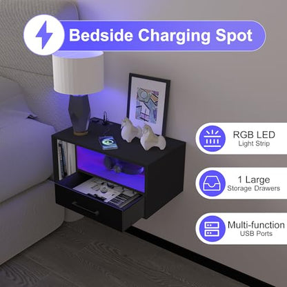 Floating Nightstand with Charging Station & Lights, Black | Floating Bedside Table with Drawers Wall Mounted Nightstands,for Bedroom Room, 21.3" x 11.8" x 10" - color: Black
