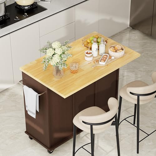 Shintenchi Kitchen Island with Storage, Bar Cart Cabinet Island Table on Wheels, Rolling Microwave Cart for Kitchen with Drop Leaf, Drawers, Towel Rack, Seating Area for Dining Room, Brown - color: Brown-42 Inch