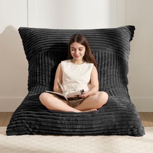 3-in-1 Giant Bean Bag Chair for Adults & Kid, Convertible Floor Sofa to Mattress, High-Density Foam Chair Bed with Washable Cover, Multi Functional Lounge Couch for Bedroom, Living Room (Black) - color: Black-1, size: XL Sofa Chair