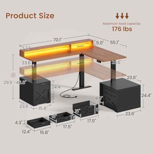 SEDETA Farmhouse L Shaped Standing Desk, 70.1" x 73.2" Height Adjustable Home Office Executive Desk with Drawers, Power Outlet, Monitor Stand, Sit Stand Table with Led Lights for Home Office, Black - color: Black
