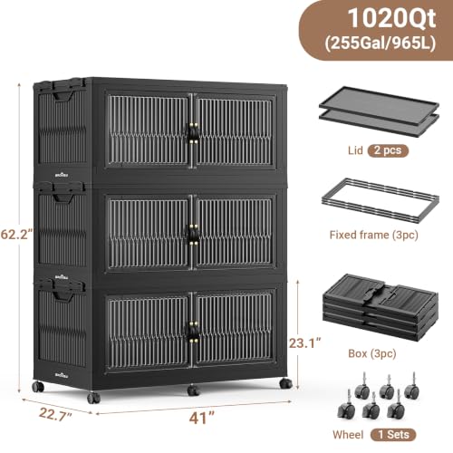 BROVIEW 1020QT Extra Large Stackable Storage Bins with Lids, 3Pack Black | 255Gal Plastic Collapsible Cabinets Containers, Wheels & PET Doors, Foldable Closet Organizers Drawers for Office, Dorm - color: Black, size: 85Gal-3Pack