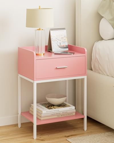 Masupu Nightstand,Bedside Table 3-Tier Modern Night Stand with Storage Drawer and Shelf,Small End Side Table for Bedroom,Living Room,Black (Without Outlet, Pink) - color: Pink