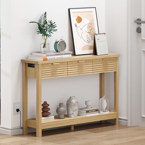 Fluted 47.2" Console Table with Outlets and USB C, Narrow Entryway Table with 3 Drawers, Boho Wood Sofa Table Behind Couch for Living Room, Natural Oak - color: Entryway Table-oak