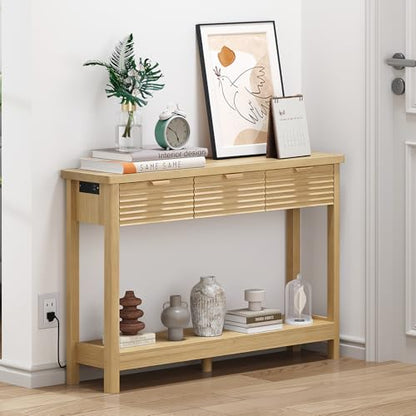 Fluted 47.2" Console Table with Outlets and USB C, Narrow Entryway Table with 3 Drawers, Boho Wood Sofa Table Behind Couch for Living Room, Natural Oak - color: Entryway Table-oak