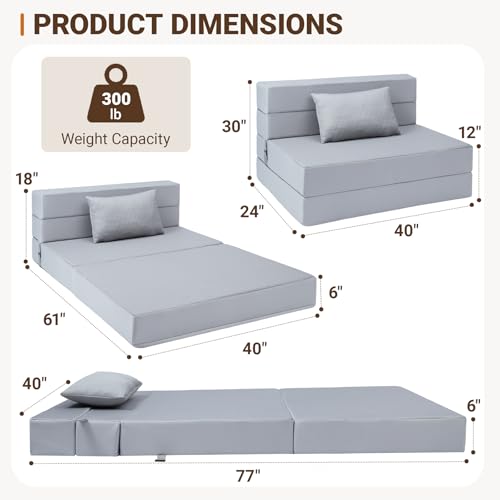 Folding Sofa Bed, Boneless Foldable Chair, Convertible Futon Sleeper Couch | Twin Lazy Floor Lounger Sofa Couch for Small Spaces, Dorm, Guest Room, Living Room, Apartment, Grey - size: Twin