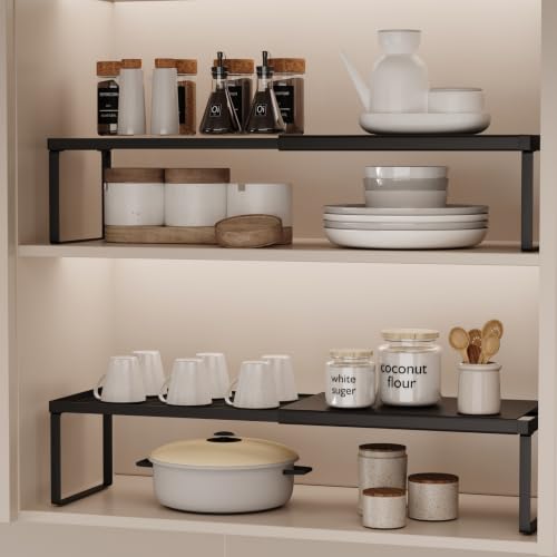 Magheo Expandable Cabinet Shelf Organizer, 2 Pack Stackable Kitchen Counter Shelf Riser, Metal Spice Rack Heavy Duty Countertop Organizer Storage for Kitchen, Pantry, Cupboard, Rv (5.9in Height,Black) - color: Black, size: (12.7-20.8")D*8.3"W*5.9"H