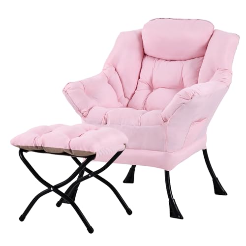Lazy Chair with Ottoman, Comfy Reading Accent Chair, Pink | Foldable Footrest, Padded Seat and Backrest, Side Pocket for Lounging in Living Rooms, Bedrooms, Dorms and Small Spaces - color: Peach Skin Pink