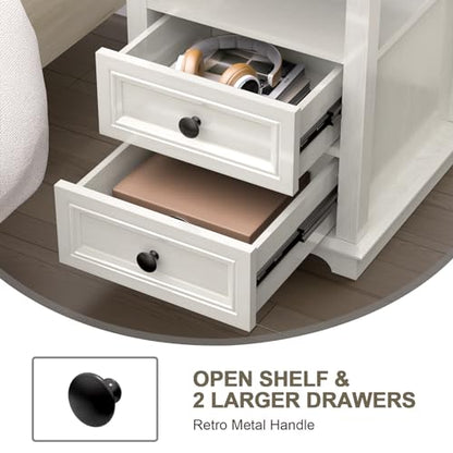 18" Wide End Table with Fast Charging Station Set of 2, 18” Wide Sofa End Table with Drawers,Storage Rustic Wood Storage Cabinet,Sofa Table for Living Room,White | 18” Wide Sofa End Table with Drawers,Storage Rustic Wood Storage Cabinet,Sofa Table for Liv
