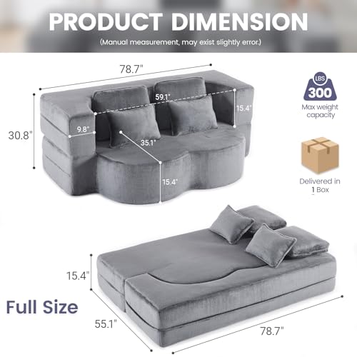 78” Convertible Sofa Bed, Full Size Sleeper Couch, Grey | Boneless Folding Loveseat, Deep Seat, Soft Chenille, 4 Pillows, No Assembly, for Guest Living Room Bedroom - color: Grey, size: 78"
