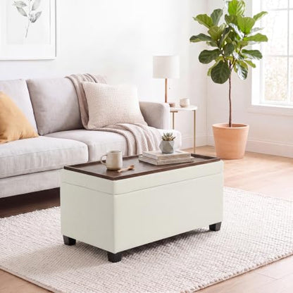 29.5" Cream White Linen Storage Ottoman with Reversible Tray | Upholstered Ottoman Coffee Table with Hidden Storage, Linen Foot Rest Ottoman for Living Room, Bedroom and Entryway - color: Beige