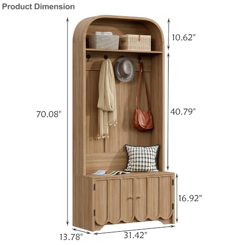 Narrow Entryway Hall Tree with Storage, Entryway Storage Bench w Coat Rack | hall tree, 70" Arch Coat Rack with 4 Hooks and 2 Fluted Doors,Farmhouse Furniture Organizer for Hallway, Natural - color: Natural Oak