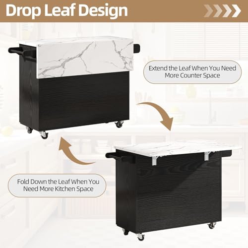 43" Kitchen Island on Wheels, Rolling Kitchen Island with Storage, Black | Modern Design, with Drop Leaf, 3 Storage Drawers, Spice Rack & Towel Rack, Faux Marble Tabletop, for Kitchen Dining Room - style: Black