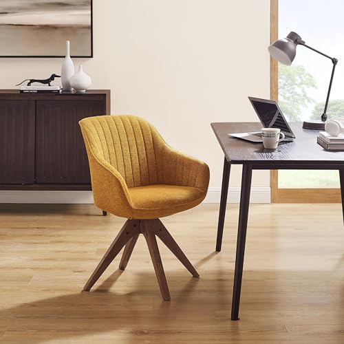 Swivel Desk Chair for Home Office, Fabric, Yellow | No Wheels, Oka Wood Legs, Mid Century Modern, Upholstered, 360° Swivel, Accent Chair, Living Room, Bedroom - color: Yellow, size: Fabric