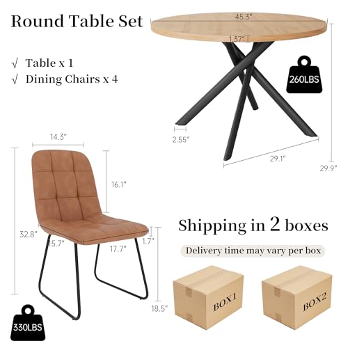 HIPIHOM 45.3 Inch Round Dining Table Set for 4, Mid Century Modern Small Kitchen Coffee Set for Dining Room Kitchen Apartment (Oak Table + 4 U-Shaped Brown Chairs) - color: Oak Table+4 U-shaped Brown Chairs