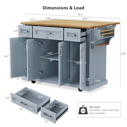 54inch Large Kitchen Island with Rubber Wood Drop Leaf,Embossed Texture Rolling Kitchen Cart On 4 Wheels with 4 Doors and 3 Drawers, Storage for Dining Room (Grey Blue-0t) - color: Grey Blue-0t)
