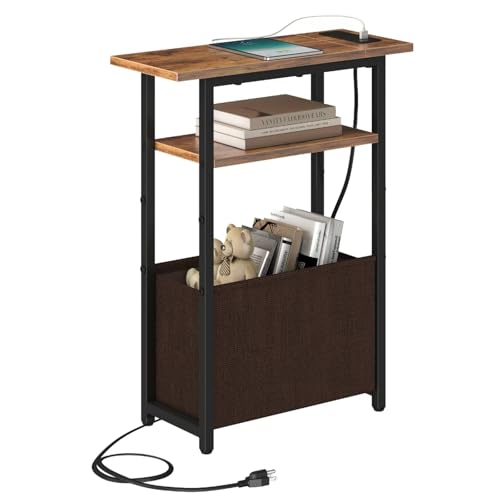 sthmec Narrow Side Table with Charging Station, Small End Table for Small Spaces, Skinny Nightstands with Storage Basket, 3 Tier Sofa Couch Bedside Tables for Living Room,Bedroom, Rustic Brown - color: Rustic Brown, size: Power Only