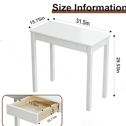 Solid Wood Desk with Drawers - 32 x 16 Inch Simple Narrow Desks, Rubber Wood Study Table, Small Writing Desk for Bedroom|Small Spaces - Modern White Desks - color: White, size: 31.5 in W x 15.7 in D