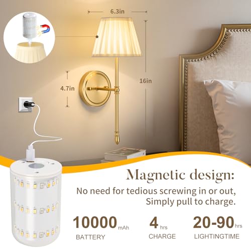 Battery Operated Wall Sconces with Dimmable Led Bulds and Remote | Gold Wireless Wall Lights Set of 2, Fabric Rechargeable 10000mAh Wall Mounted Lamp for Bedroom, Living Room, Hallway - color: Gold