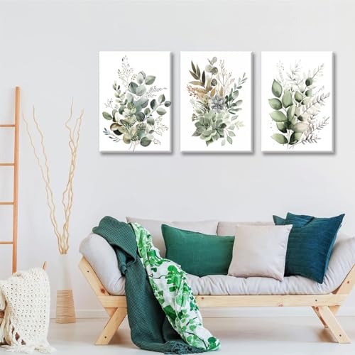 Bwodke Sage Green Botanical Canvas Wall Art Set of 3, 12x16 inch | Watercolor Botanical Wall Decor, Sage Green Eucalyptus Leaf Prints, Bedroom Bathroom Living Room Art - color: Green, size: 12"x16" Canvas
