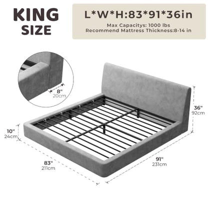 RECCI AirFrame King Upholstered Bed Frame with Ergonomic Angled Headboard | Ergonomic Angled Headboard, 360° Soft Foam Surround, Low Profile Cloud Bed Frame, No Box Spring Required, Easy Assembly - color: Moon Grey, size: King