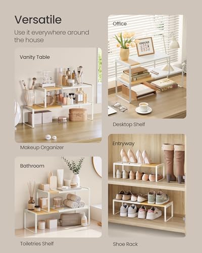 SONGMICS HOME Spice Rack, Expandable Cupboard Shelf Orgnizer,Bamboo | Kitchen Counter Shelves, Bamboo and Metal, Stackable, Natural Beige and Cream White, BYSTRO Collection UKCS051N01 - color: Light Bamboo + Cream White, size: 2 Pack