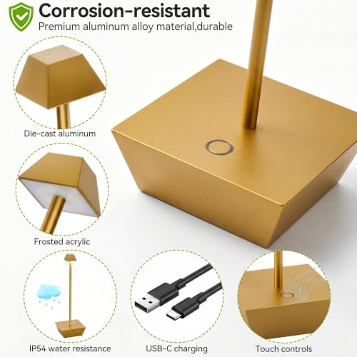 Rechargeable Table Lamps Battery Operated Lamp for Bedroom - color: T1005-Gold, size: 1pack