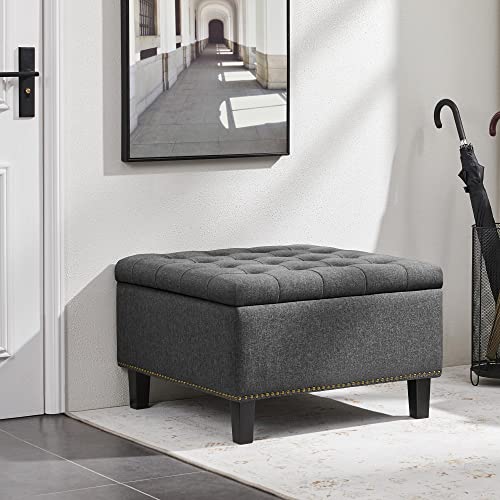 Yaheetech 28in Square Storage Ottoman Coffee Table with Nailhead, Dark Gray | Button-Tufted Linen-Look Fabric Bench, 3.2C Storage Space, Wood Legs, Metal Hinges, for Bedroom Foot of Bed Living Room - size: 28"D x 28"W x 18"H